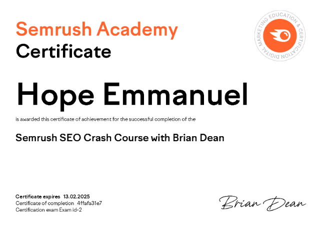 Semrush seo certified Hope Emmanuel